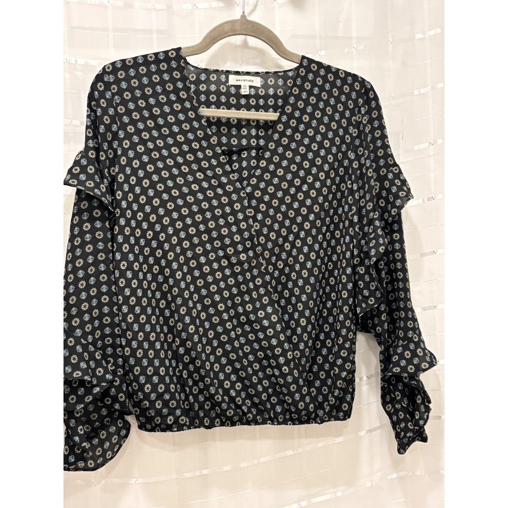 Max Studio Black Medallion Ruffle Wrap Blouse XS Long Sleeve Geometric Top